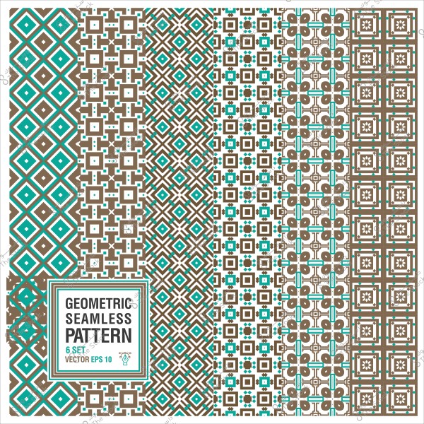 ستة أنماط هندسية متكررة بألوان بنية وزرقاء مائية, تعرض تصميمات مربعة وزهرية ومعقدة.