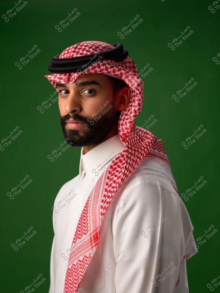 Man wearing traditional Saudi attire with a green background.