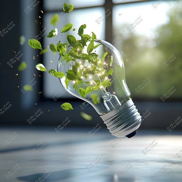 A floating light bulb containing glowing green leaves, set against a blurred background with a window illuminated by daylight. The overall ambiance suggests a focus on nature and sustainable energy.