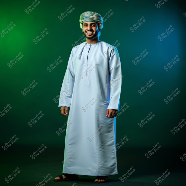 A portrait of a man standing and smiling, wearing traditional Omani attire consisting of a white dishdasha and an Omani turban, against a green and blue background. The scene reflects the culture and traditional clothing of Oman.