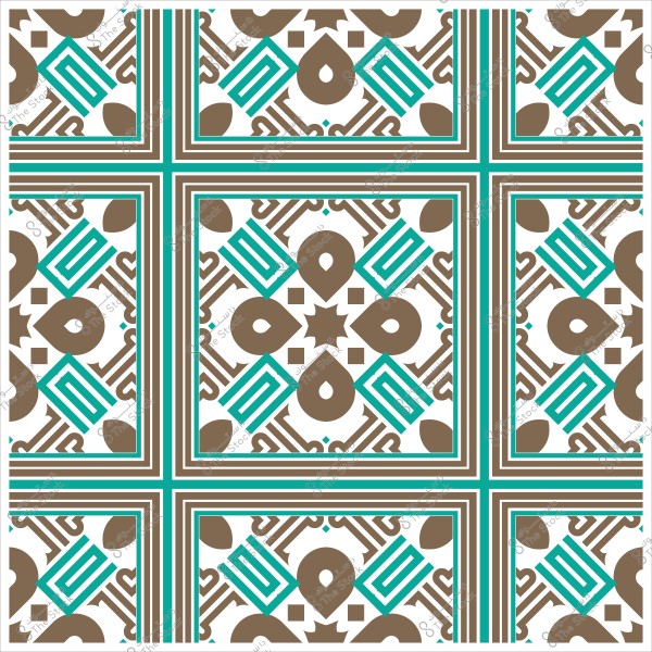 تصميم هندسي عربي بزخرفة متداخلة بألوان بني وأزرق على خلفية بيضاء.