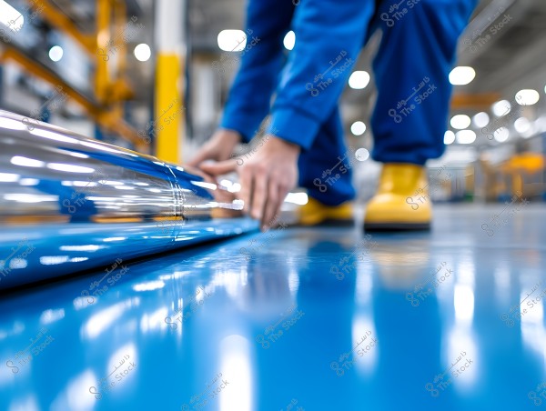 The image shows a worker wearing a blue uniform and yellow boots bending over a blue floor as they handle a shiny metal tube inside a factory or workshop. In the background, there is an out-of-focus yellow post and some equipment, emphasizing the focus on the person and the metal tube.