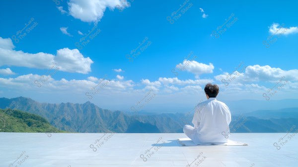 Image of a man sitting cross-legged on the ground, wearing a white robe, seen from behind. He sits on a wide, smooth, white surface overlooking a natural landscape of blue mountains covered with green vegetation under a clear blue sky with scattered clouds.