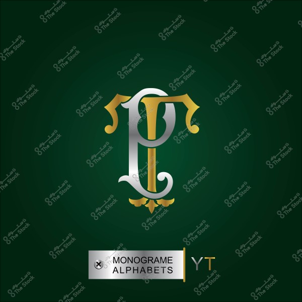 Monogram logo design with letters P and T in silver and gold on a dark green background.