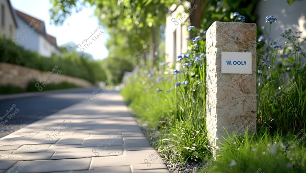 The image shows a paved sidewalk alongside a road, adorned with blue flowers and green plants on both sides. A stone pillar in the foreground has a sign reading \"W. OOLA\". Trees and houses line the road in the background.