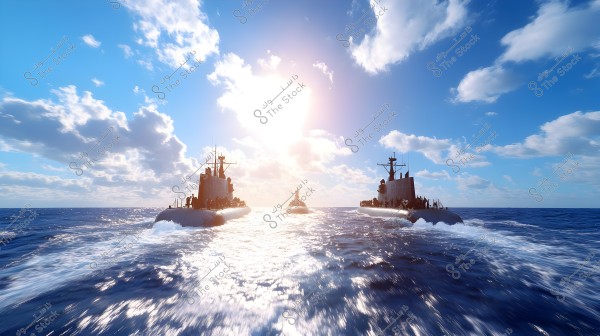 A view of three submarines sailing on the ocean\'s surface under a blue sky with scattered clouds. In the center of the image, the setting sun casts warm orange rays reflecting on the shimmering water. The submarines look massive, moving at a moderate speed across the open ocean.