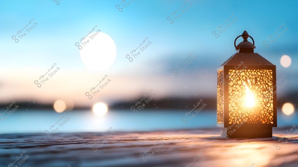 An image of a traditional lit lantern on a wooden surface against a natural backdrop at sunset. The background shows the low sun casting blue and orange hues in the calm water.