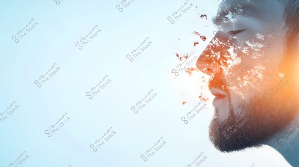 A portrait of a man in a side profile with a contemplative expression and closed eyes. The right side of the face merges into a light blue background with an abstract effect where the face melds with orange and white fragmented elements, illuminated by sunlit tones. The image conveys a blend of serenity and abstraction.