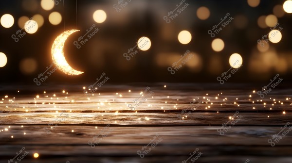 An image of a hanging glowing crescent light at the center, suspended in the air above a dark wooden surface. Tiny sparkling lights are scattered around the crescent and across the surface, creating a magical and warm ambiance. The background is blurred with large scattered lights resembling bokeh.