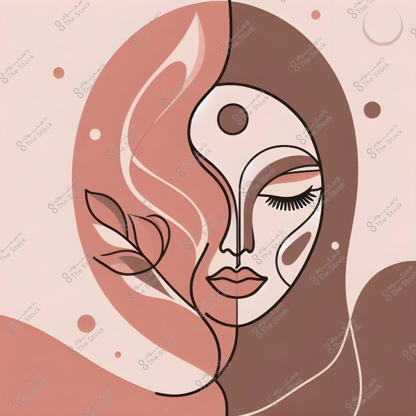 An abstract, half-face portrait of a person with soft features and closed eyes, painted in warm colors of pink and brown. Curved lines and geometric designs adorn the left side of the face, with a leaf shape and small circles surrounding it. The background includes circular shapes and segments in harmonizing colors.