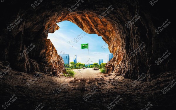 An image of a natural scene captured from inside a cave overlooking a modern city. In the foreground, there is a wide cave opening with dark rocky walls. In the background, the flag of Saudi Arabia is waving amidst a modern cityscape featuring tall skyscrapers and green trees. The sky is blue with a few small birds flying in the distance.