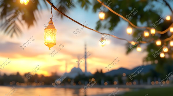 An image of an illuminated Islamic lantern hanging in the air, with a cityscape in the background featuring a mosque with minarets silhouetted against the sunset. Other decorative lights are lit among palm trees in the foreground.