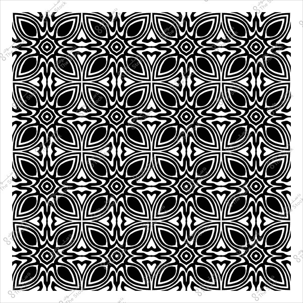 A repeating black and white pattern featuring geometric shapes and intricate designs.