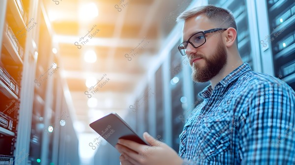 A picture of a man wearing glasses and a checkered shirt in a data center. The man appears to be examining a tablet in his hand, with racks filled with servers and electronic devices around him. The lighting is soft and professionally arranged.