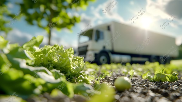 Image showing green plants growing in the soil in the foreground with a blurred white truck in the background under a blue sky with clouds and bright sunlight.