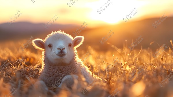 A small lamb sitting in a grassy field under the golden sunlight at sunset. The background features distant hills and the sunlight bathes the scene, providing a warm and bright glow.