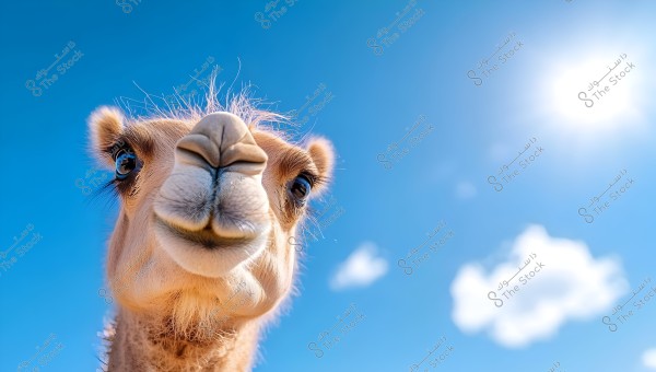 A close-up shot of a camel\'s head under a blue sky, showing the fine details of the camel\'s face clearly. Its eyes are large and prominent, with a bright sky in the background along with the shining sun and a few white clouds.
