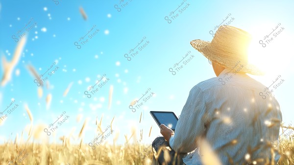 A man sitting in a wheat field during sunrise. He is wearing a large straw hat and a striped shirt, using a tablet. The field is filled with golden wheat, and the atmosphere is bathed in soft light with a clear blue sky.