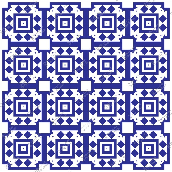 A geometric pattern consisting of interlocking blue and white squares with symmetrical designs.