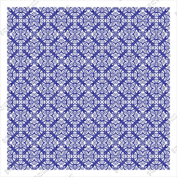 Blue and white geometric pattern featuring symmetrical floral repetitions in a traditional design.