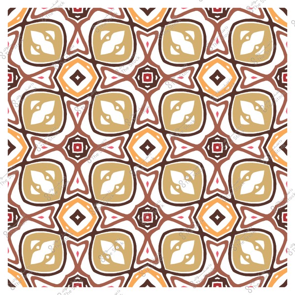 نمط هندسي بألوان بنية وذهبية مع تكرار أشكال مربعة ومثلثات وزخارف نباتية.