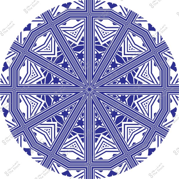 تصميم هندسي دائري مكون من نمط أرابيسك معقد باللونين الأزرق والأبيض. يتميز بتكرار أشكال مثلثة وخطوط متقاطعة تنبثق من المركز, مما يخلق مظهراً متناسقاً وجذاباً.