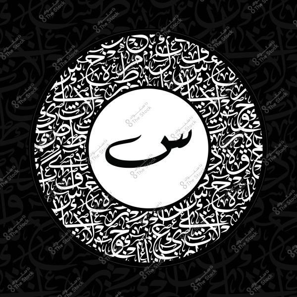 A white circle centered with the Arabic letter \"S\" in calligraphy, surrounded by intricate Arabic inscriptions in black and white.