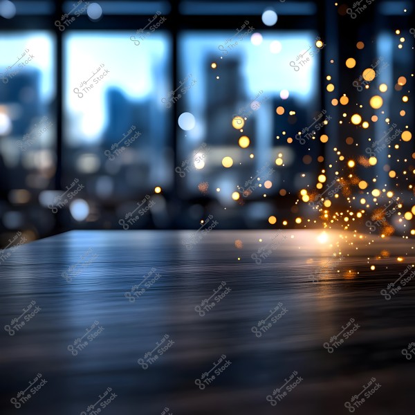 A wooden tabletop in front of a large window showing a blurred cityscape in the background, with warm light effects resembling fireworks or sparkle spreading across the right side of the image.