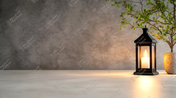 An image of a table with a black lantern containing a lit candle next to a vase with green branches. The background is a gray wall with an irregular pattern, adding a sense of calm and elegance to the scene.