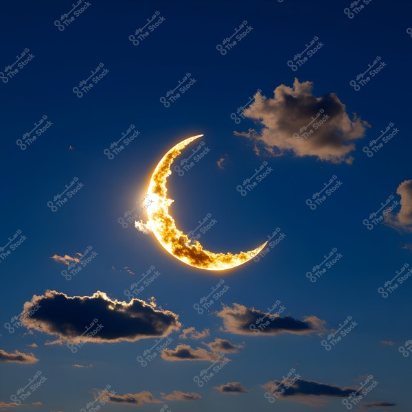 An image showing a brightly glowing crescent in a blue sky, surrounded by scattered dark clouds, creating a serene nighttime atmosphere. The crescent emits a bright light blending golden and white hues, making it the focal point of the image.