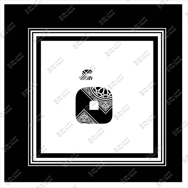 Image featuring a black and white design of a round perfume bottle. The bottle is decorated with intricate geometric patterns and circles at the top and bottom. The background is surrounded by a thick black border with several interlocking white lines.