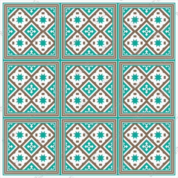 نمط تقليدي بتصميم هندسي من البلاط بألوان بيضاء, زرقاء وبنية.