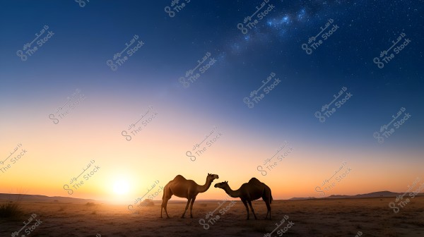 An image of two camels standing in the desert during sunrise, with a sky transitioning in color from orange near the horizon to dark blue, and stars visible in the sky.