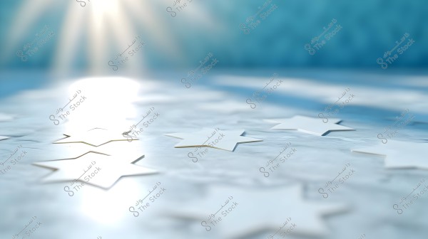 The image shows a collection of flat white stars placed on a light blue marble-like surface. Radiant light streams into the image from above, creating a sparkling effect and illuminating the sheen of the surface and stars.
