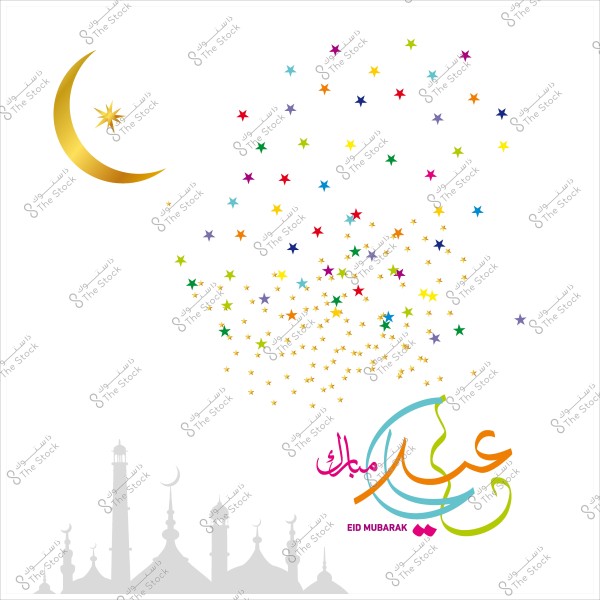 هلال ذهبي مع زخارف نجوم ملونة وخلفية لمسجد, وكلمة \"عيد مبارك\" مكتوبة بشكل فني