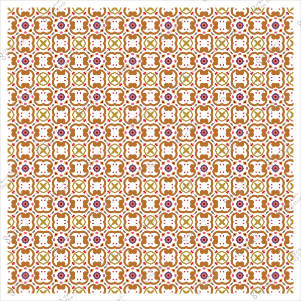 نمط هندسي بزخارف متكررة تتضمن أشكالًا دائرية وألوانًا بنية وزيتونية وبنفسجية على خلفية بيضاء.