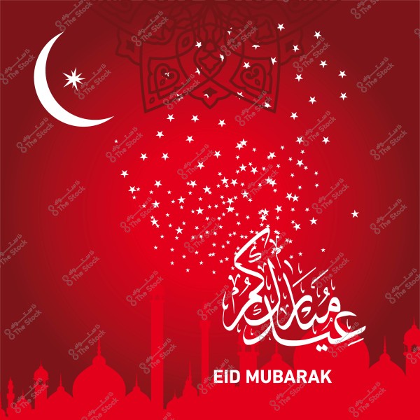 صورة تهنئة بالعيد بخلفية حمراء تحتوي على عبارة "عيد مبارك" بالخط العربي مع رسم هلال ونجوم.