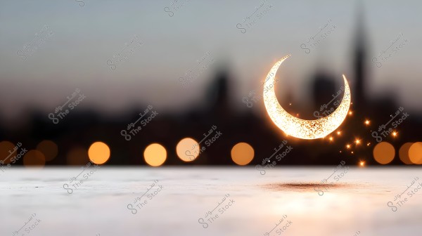 An image of a crescent moon with golden, intricate lighting surrounded by sparkling, glowing specks. The background is blurred with bokeh lights in the evening, creating a serene and peaceful atmosphere.