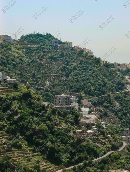 منظر طبيعي من محافظة فيفاء بمنطقة جازان جنوب المملكة العربية السعودية لقرية جبلية في السعودية. تظهر المباني منتشرة على سفوح الجبال وتحتل منازل صغيرة التراسات الزراعية. الأمكنة مغطاة بالخضرة والطبيعة المحيطة توحي بالهدوء والجمال الريفي. تبرز الشبكة الكهربائية وبعض الأبنية المرتفعة في الأفق.