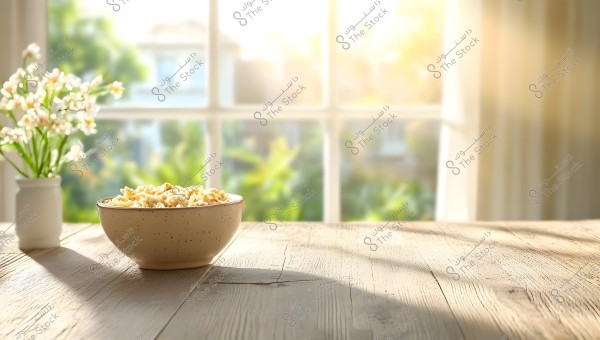 A bowl of popcorn placed on a wooden table near a bright window overlooking a sunny natural scene outside. There is also a small white vase containing white flowers on the left side of the image.