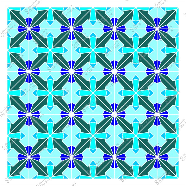 تصميم هندسي متماثل يعرض نمطًا متكررًا من الأشكال الهندسية بألوان زرقاء وخضراء. النمط يتضمن أزهاراً مركزية مكونة من أشكال تتشابه بشكل متماثل, مكونة ترابطًا جماليًا في الفن الإسلامي.

-