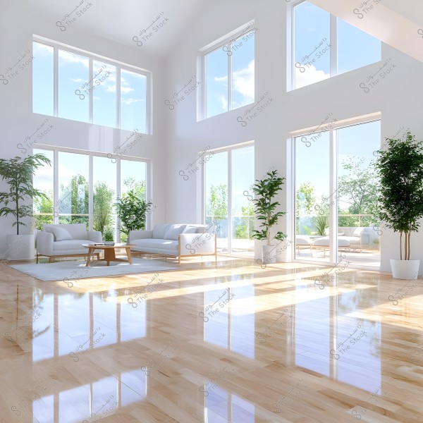 A modern, spacious living room with bright natural lighting. It features large floor-to-ceiling windows allowing ample light to enter. There is a white sofa and a comfortable chair with a wooden coffee table in the center, and the room is adorned with green plants in white pots.