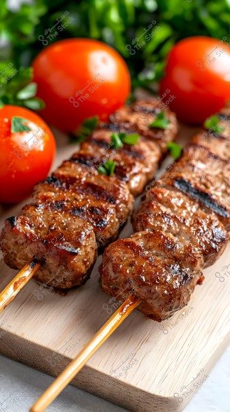 Image of grilled skewers of meat, cooked to perfection with clear grill marks. The skewers rest on a wooden board, garnished with a few green leaves. In the background, shiny large tomatoes are visible along with some blurred green leaves.