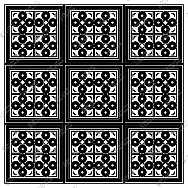 تصميم زخرفي أبيض وأسود يتضمن نمطاً من الدوائر المتناسقة داخل مربعات متتالية.