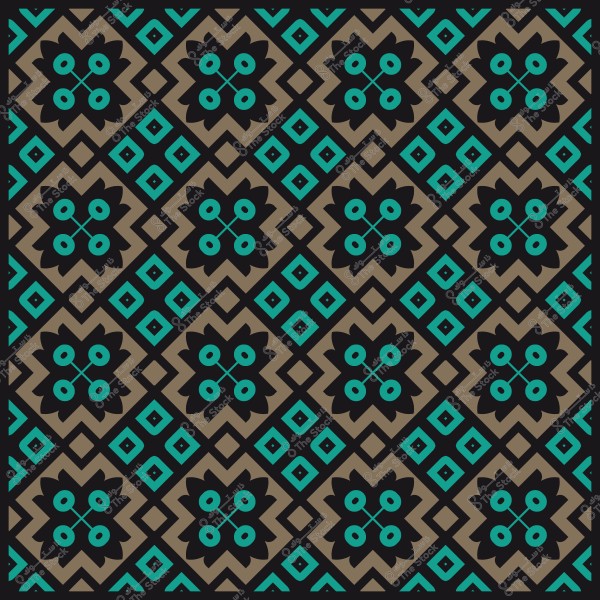 نمط زخرفي هندسي بألوان الأسود والبيج والأزرق الفيروزي بتصميم متكرر من الأشكال المربعة والزهور.