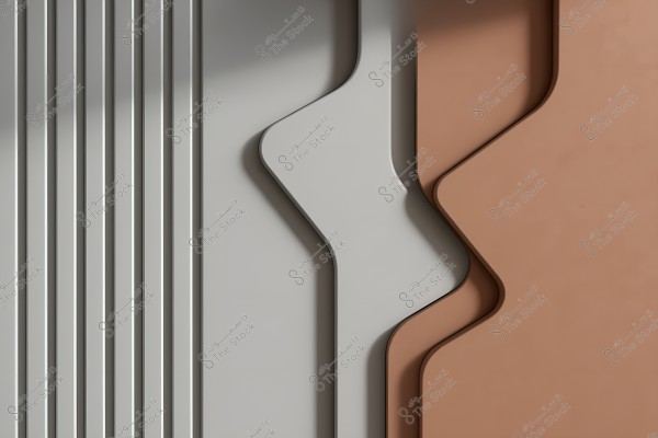 A graphic design featuring geometric shapes with both straight and curved lines. The left side contains thin vertical lines in light gray, while the right side features curved shapes in varying shades of gray and orange-brown.