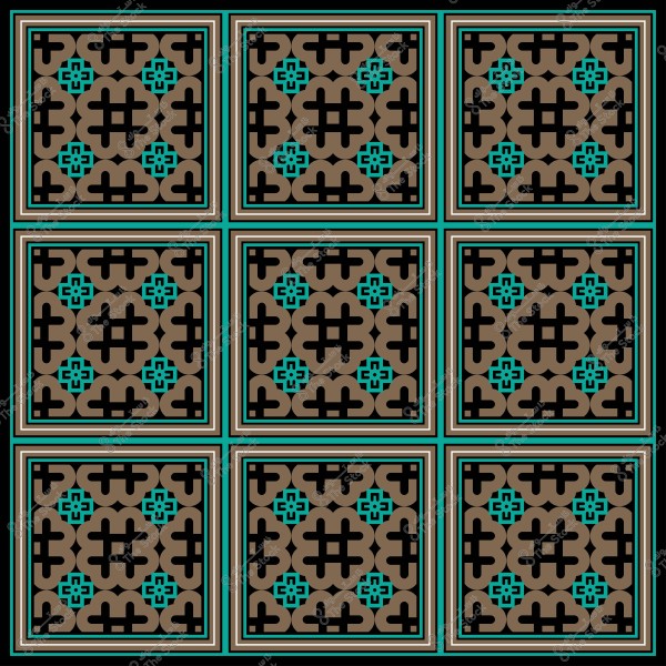 Geometric design of tiles with a repetitive pattern in brown, black, and turquoise.