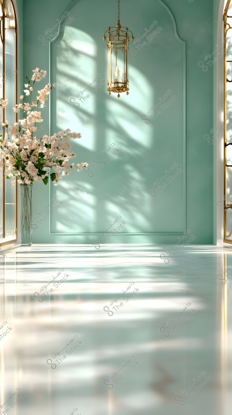 An image depicting a room with classic decor, featuring a gold chandelier hanging from the ceiling and casting shadows on a light green wall. On the left side, there is a tall glass vase filled with white flowers. Natural light flows through a window with a gold frame on the right, leaving reflections on the glossy floor.