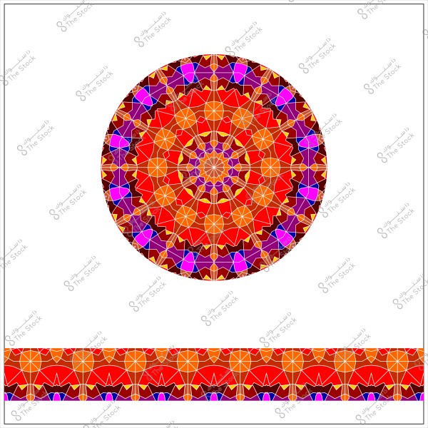 تصميم ماندالا ملون يحتوي على أنماط هندسية متماثلة بألوان برتقالية, حمراء, بنفسجية, وصفراء. التصميم يتمركز في دائرة في وسط الصورة مع شريط مماثل في الأسفل, ويظهر تفاصيل دقيقة وزخارف تقليدية متماثلة.

-