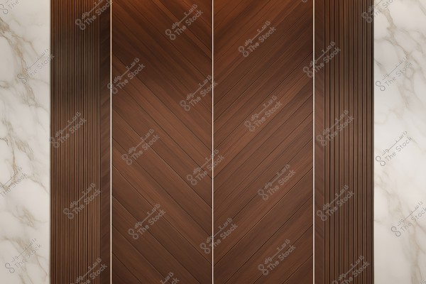 Image of a wall with an elegant design featuring wooden panels in a chevron pattern. On the left and right sides are vertical sections of white marble with gray veins. The wooden details vary in shades of brown with narrow gold lines separating them.